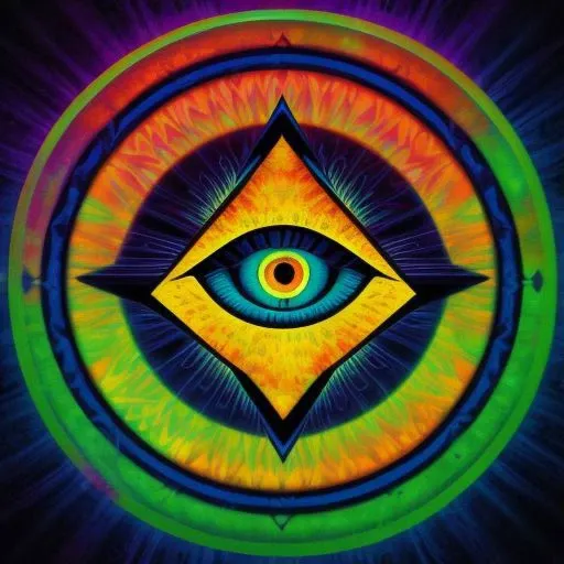 ((Illuminati:1.2)) Hypnotic deep-state illustration (psychedelic art by Dan Mumford) surrealism, dark and evil glow, glow neon paint, defined sharp edges, mystical, (all-seeing eye:1.3)