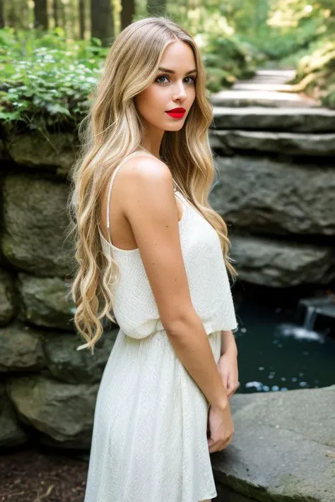 woman,cute,,fullbody,day,depth of field, red lips,blond waveylong hair,looking at viewer,
forest, pond, waterfall, stone wall with gates near viewer,
realistic,solo,Raw photo,8k,realistic skin details,realistic hair details,perfect skin,8k uhd,dslr,high quality,film grain,fujifilm xt3,16k uhd,dslr,best quality,