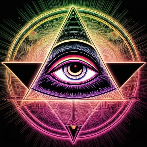 ((Illuminati:1.2)) Hypnotic deep-state illustration (psychedelic art by Dan Mumford) surrealism, dark and evil glow, glow neon paint, defined sharp edges, mystical, (all-seeing eye:1.3)