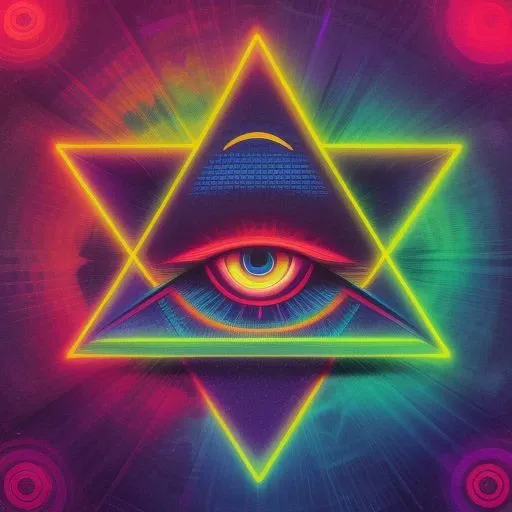 ((Illuminati:1.2)) Hypnotic deep-state illustration (psychedelic art by Dan Mumford) surrealism, dark and evil glow, glow neon paint, defined sharp edges, mystical, (all-seeing eye:1.3)