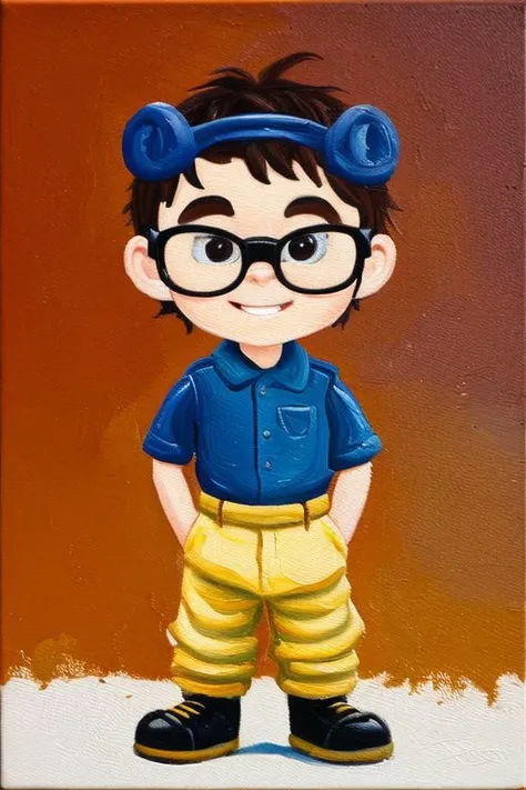 A unique and charming concept brought to life through an impasto relief oil painting , featuring a cute super tiny cartoon character bee a pair of glasses on its head ,and standing on the hand of a beautiful boy. high quality, highly detailed. 8k