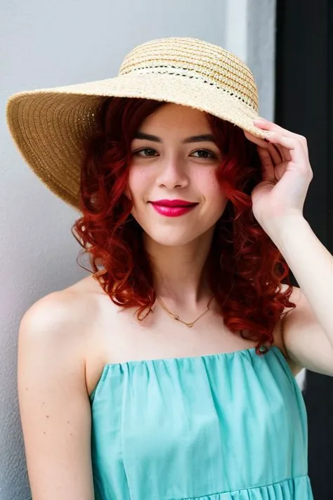 Detailed red-haired curly girl with clear beautiful skin, drawn eyebrows, and painted lips looks at the camera, interior background in bokeh , in the style of neon lighting, soft-focused realism, pensive poses, light amber and crimson, photo taken with nikon d750, digital airbrushing, pop art sensibilities, split regretevator, woman in a white dress holding a basket over her head, straw, women's fashion model, wearing wheat yellow gauze, tube-top dress, bright sunny day, cottagecore!! fitness body, xintong chen, on a sunny day, photo of slim girl model, with straw hat, mixed art, single image
<lora:shnz_Shenaz_Treasury_SD15_LoRA_prodigy_local_regs_decay5e-2:1>
