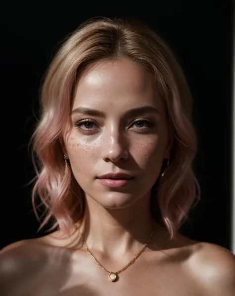 beautiful age 35 woman,tnk top,pastel hair,light freckles sexy,beautiful,selfie,young,gold chain,dslr,8k,4k,ultrarealistic,realistic,natural skin,texture,blonde pink,BREAK film grain,medium quality,Photograph capturing the essence of elegance and mystery in a professional and marketing photoshoot. Embrace the transformative power of shadows,as chiaroscuro techniques shape the contours of the model's face with otherworldly grace. Delve into the interplay of light and darkness,evoking a sense of timeless beauty through subtle post-production interventions and the echo of film grain. Let darkness become an intimate collaborator,revealing the inner mysticism of the subject and crafting a portrait that transcends conventional lighting.Raw photo,Best quality,masterpiece,ultra high res,(photorealistic:1.4),