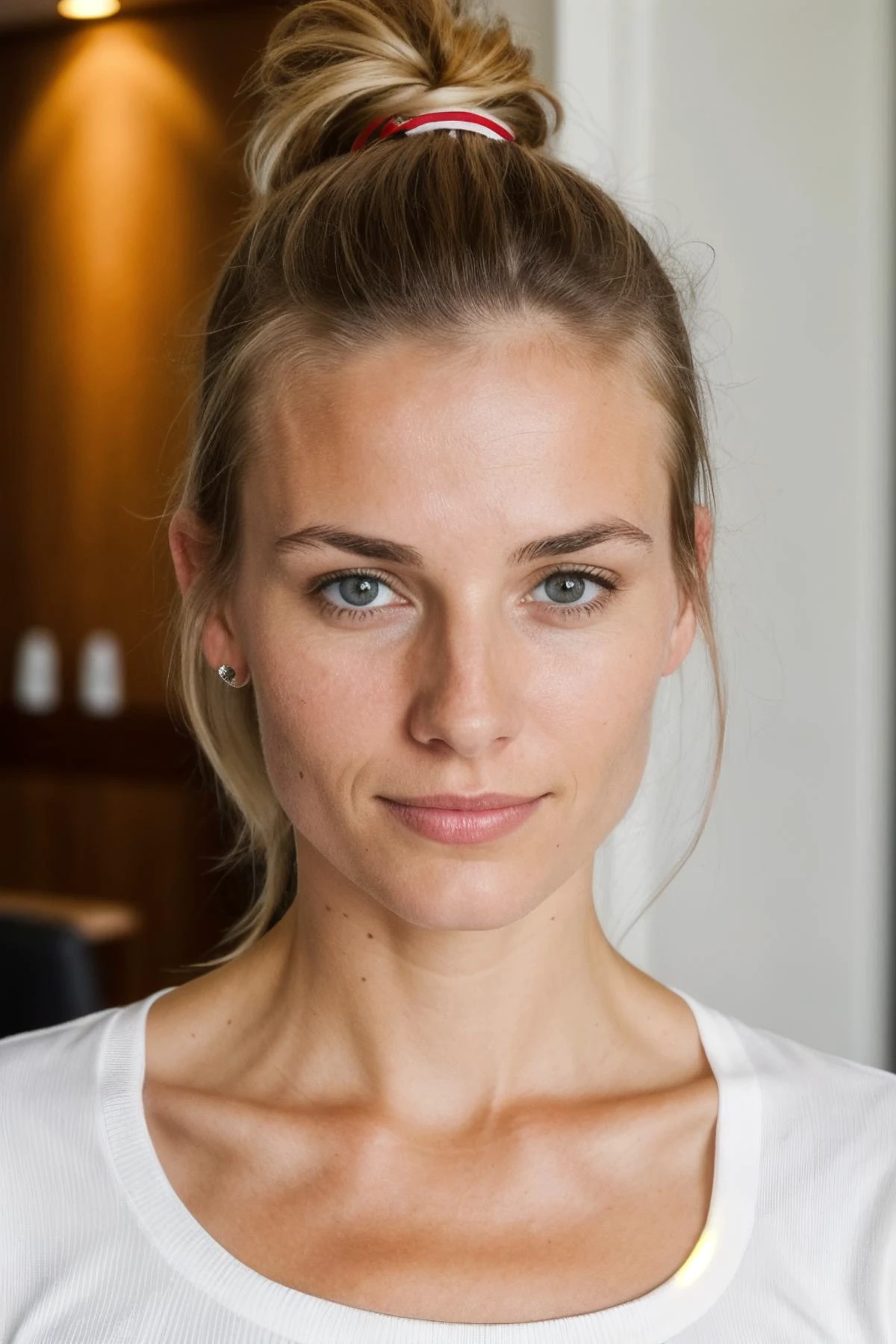 closeup Photo of a norwegian woman, delicate skin, raw photo, ((looking at viewer)),
In a hotel lobby, short ponytail,