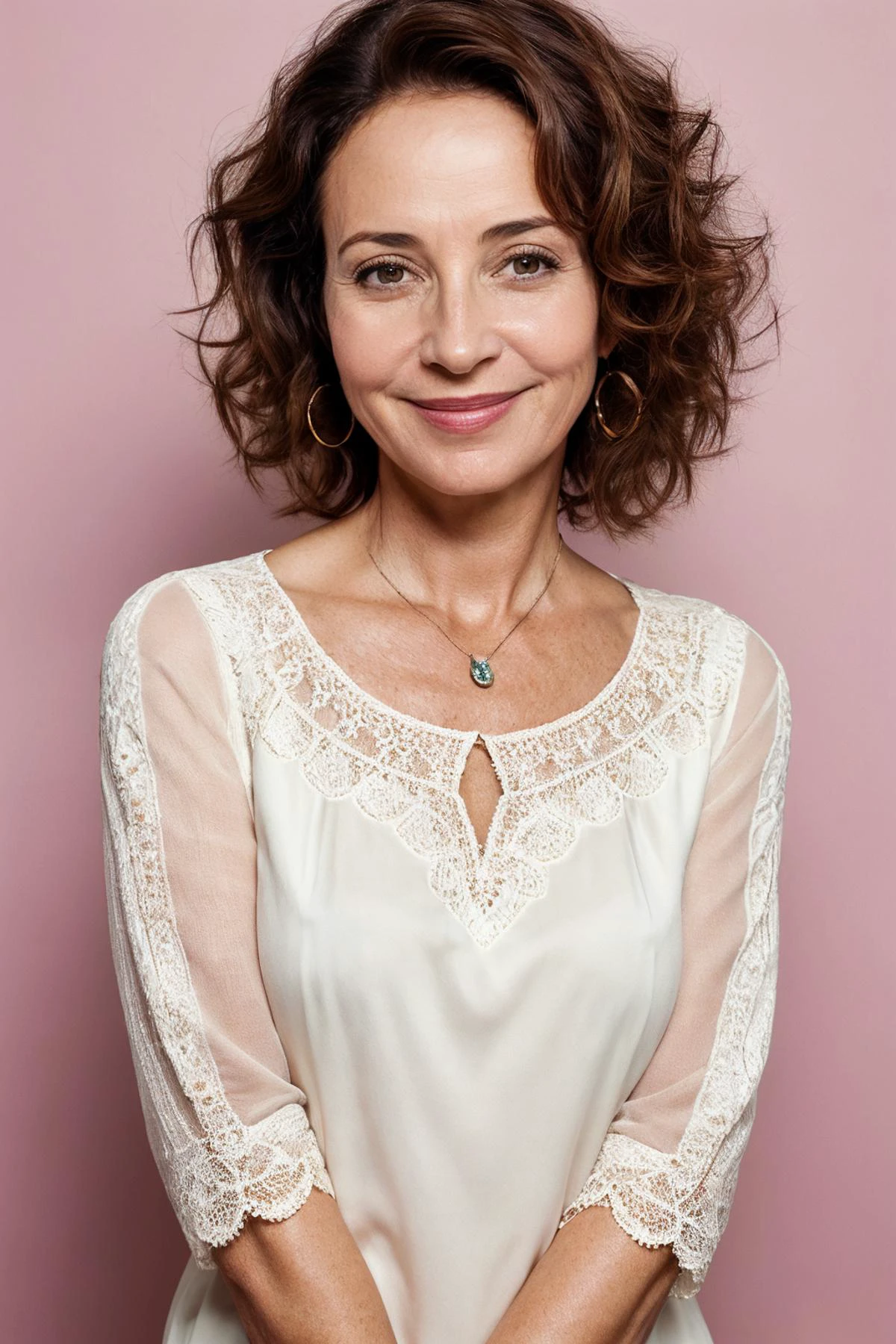 realistic photo of anpotmilf, a middle aged woman, 30 years old, fine lines and wrinkles, standing, smiling, simple background, realistic, (masterpiece:1.0), (best quality:1.0), beautiful, (intricate details), unity 8k wallpaper, ultra detailed, flash photography lighting, <lora:anpotmilf_V1a_LoCon-000012:0.8>