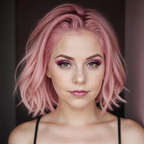 super cute pink hair woman in a dark theme,centered portrait,adult,makeup,