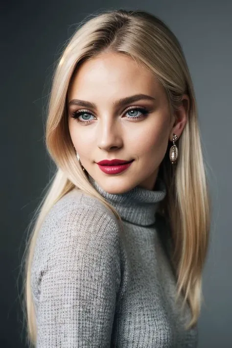 1girl,blonde hair,cowboy shot,earrings,gradient,gradient background,grey background,jewelry,lips,long hair,long sleeves,looking at viewer,nail polish,nose,pants,parted lips,realistic,smile,solo,standing,sweater,turtleneck,turtleneck sweater,raw photo,8k,realistic skin details,realistic hair details,makeup,eyeliner,lipstick,8k uhd,dslr,high quality,film grain,fujifilm xt3,16k uhd,dslr,best quality,, RAW candid cinema, 16mm, color graded portra 400 film, remarkable color, ultra realistic, textured skin, remarkable detailed pupils, realistic dull skin noise, visible skin detail, skin fuzz, dry skin, shot with cinematic camera