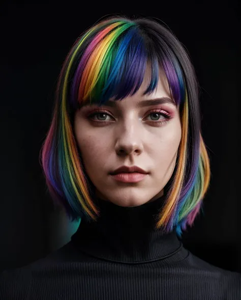 super cute rainbow hair woman in a dark theme stunning intricate full color portrait of (sks woman:1),wearing a black turtleneck,epic character composition,by ilya kuvshinov,alessio albi,nina masic,sharp focus,natural lighting,subsurface scattering,f2,35mm,film grain