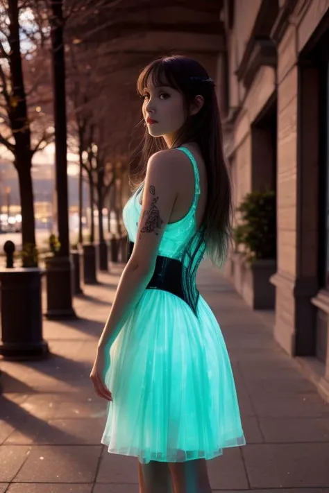 analog photo of a waifu, slim body, heavy breast, dark blue hairs, messy hairs, very long hairs, tight dress, see through dress, tan line, green eyes, black make up around the eyes, heavy  breast, full body, long legs, fit legs, pantyhose, perfect feet, STAND IN THE WILD, view from the ground, black boots, glowing fractal tattoos, red tattoos, side view, focus on ass, Swaying position