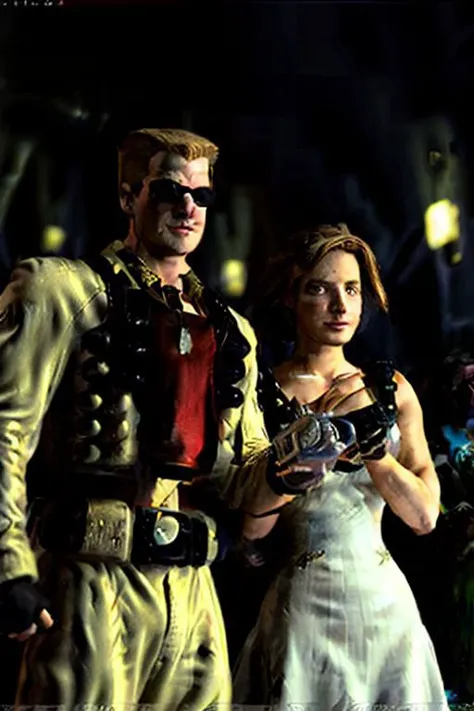 Rebecca Fergunson and duke nukem taking an oath, duke nukem has sunshades and open mouth and suit, Rebecca Fergunson has wedding dress and open mouth, background is a dim , decorated theater ; (epic composition), masterpiece, award-winning