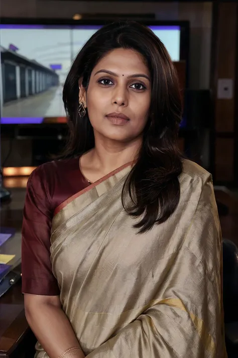 wide angle shot, photorealistic photo of piuymilf, a mature indian woman, fine lines and wrinkles, wearing a sari, newscaster on TV news show, desk, looking at the camera, realistic, (masterpiece:1.1), (best quality:1.1), beautiful, (intricate details), unity 8k wallpaper, ultra detailed, aesthetic, perfect lighting, <lora:piuymilf_V1-000012:0.9>