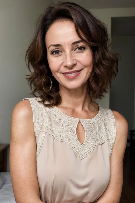 realistic photo of anpotmilf, a middle aged woman, 30 years old, fine lines and wrinkles, standing, smiling, simple background, realistic, (masterpiece:1.0), (best quality:1.0), beautiful, (intricate details), unity 8k wallpaper, ultra detailed, flash photography lighting, <lora:anpotmilf_V1a_LoCon-000012:0.85>