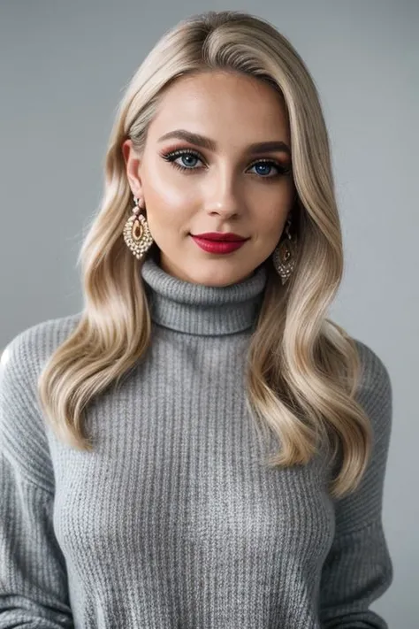 1girl,blonde hair,cowboy shot,earrings,gradient,gradient background,grey background,jewelry,lips,long hair,long sleeves,looking at viewer,nail polish,nose,pants,parted lips,realistic,smile,solo,standing,sweater,turtleneck,turtleneck sweater,raw photo,8k,realistic skin details,realistic hair details,makeup,eyeliner,lipstick,8k uhd,dslr,high quality,film grain,fujifilm xt3,16k uhd,dslr,best quality,, RAW candid cinema, 16mm, color graded portra 400 film, remarkable color, ultra realistic, textured skin, remarkable detailed pupils, realistic dull skin noise, visible skin detail, skin fuzz, dry skin, shot with cinematic camera