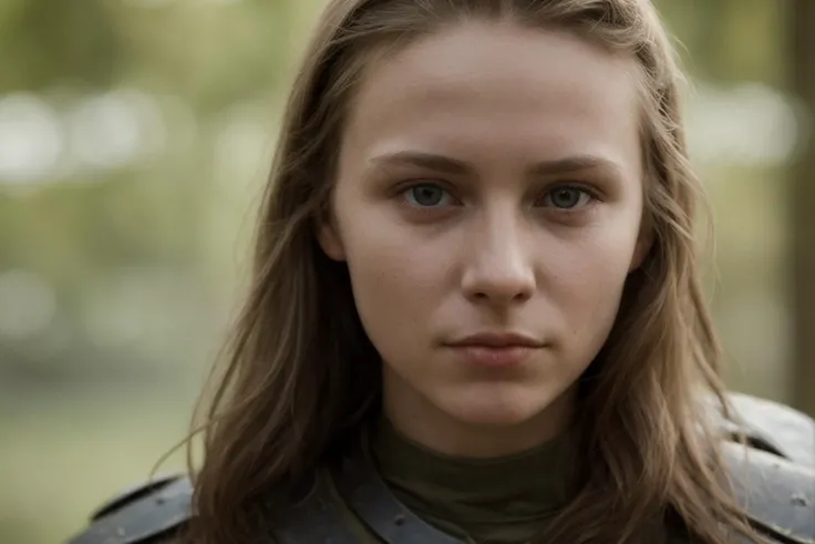 close up photo of a beautiful Heroic young Nordic woman, warrior looking at viewer, shy, film grain, bokeh