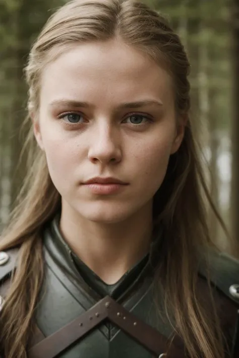 close up photo of a beautiful Heroic young Nordic woman, warrior looking at viewer, shy, film grain, bokeh