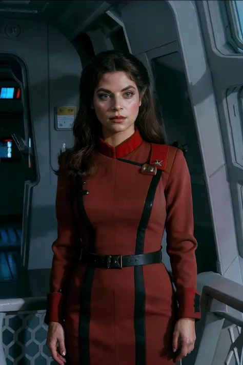 full body shot, photorealistic photo of Krloal, a woman, fine lines and wrinkles, stoic expression, wearing a red star trek dress, standing on the bridge of the Enterprise, looking at the camera, realistic, (masterpiece:1.1), (best quality:1.1), beautiful, (intricate details), unity 8k wallpaper, ultra detailed, aesthetic, perfect lighting, <lora:Krloal_V1-000006:0.95>