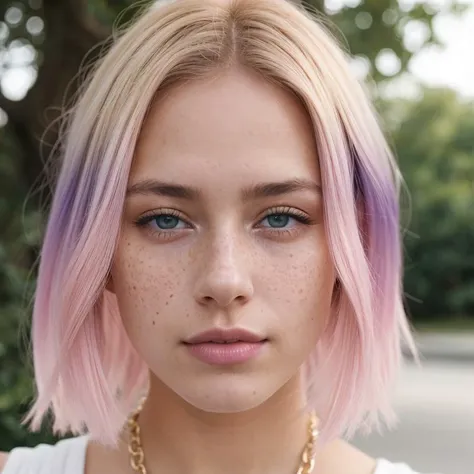 beautiful age 18 girl,pastel hair,light freckles sexy,beautiful,close up,young,gold chain,dslr,8k,4k,ultrarealistic,realistic,natural skin,textured skintaken with iphone camera,BREAK medium shot selfie of a pretty young woman,BREAK (ombre:1.3) blonde pink,BREAK film grain,medium quality,