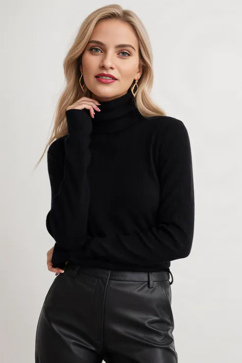 1girl,blonde hair,cowboy shot,earrings,gradient,gradient background,grey background,jewelry,lips,long hair,long sleeves,looking at viewer,nail polish,nose,pants,parted lips,realistic,smile,solo,standing,sweater,turtleneck,turtleneck sweater,raw photo,8k,realistic skin details,realistic hair details,makeup,eyeliner,lipstick,8k uhd,dslr,high quality,film grain,fujifilm xt3,16k uhd,dslr,best quality,, RAW candid cinema, 16mm, color graded portra 400 film, remarkable color, ultra realistic, textured skin, remarkable detailed pupils, realistic dull skin noise, visible skin detail, skin fuzz, dry skin, shot with cinematic camera