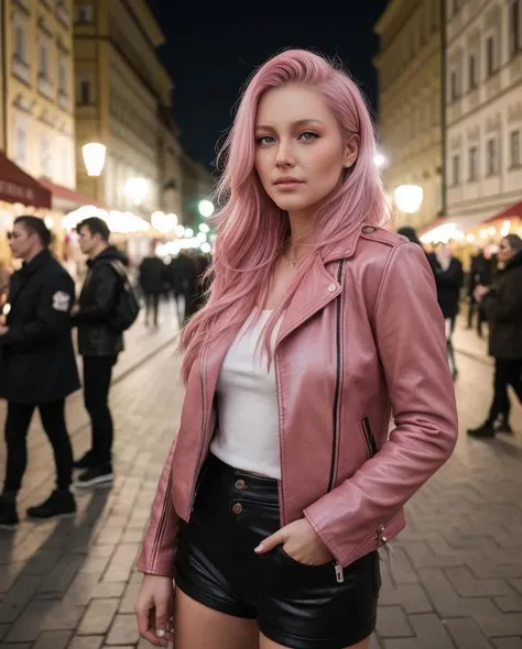 Street style photo of a woman in the streets of  Prague ,night, standing in front of a sliver high rise building, pink hair,punk, leather jacket  raw photo, realistic face skin,8k uhd, dslr, soft lighting, high quality,detailed face, film grain, Fujifilm XT3, best quality, professional photoshoot, cinema, 35mm, f1.2, color graded portra 400 film, realistic hair, ultra realistic,outdoor, cinematic camera,