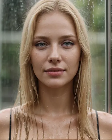 portrait of a blonde-haired girl,wet hair,night,rain,spray,wet misted window,cinematic,8k uhd,dslr,soft lighting,high quality,film grain,gloomy,naughty_face,teasing_smile,make up,eyeliner,lips,highly detailed skin,4K,RAW,best quality,masterpiece,ultra-detailed,hyperrealism,extremely detailed eyes,extremely detailed face,textured skin,photorealistic,hyperdetailed,insane details,