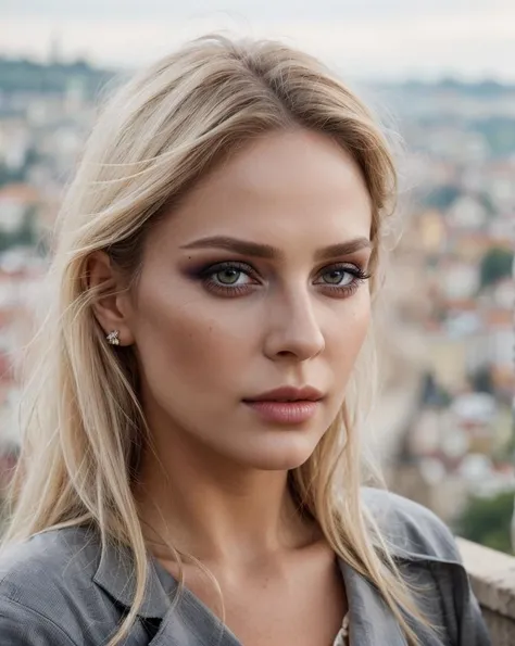 photo of a gorgeous woman),((white messy hair)),(soft even lighting),(prague city behind),((wearing clothes)),detailed face,detailed eyes,((close-up portrait)),masterpiece,((best quality)),(eye contact),looking at the viewer,centred,shot from front,(8K, RAW photo, best quality, masterpiece:1.2),(realistic, photo-realistic:1.4),ultra-detailed (grainy:0.2),smoke acigar,smoke,top,shorts,round face,make up,eyeliner,backlight,