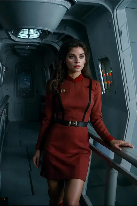 full body shot, photorealistic photo of Krloal, a woman, fine lines and wrinkles, stoic expression, wearing a red star trek dress, standing on the bridge of the Enterprise, looking at the camera, realistic, (masterpiece:1.1), (best quality:1.1), beautiful, (intricate details), unity 8k wallpaper, ultra detailed, aesthetic, perfect lighting, <lora:Krloal_V1-000006:0.95>