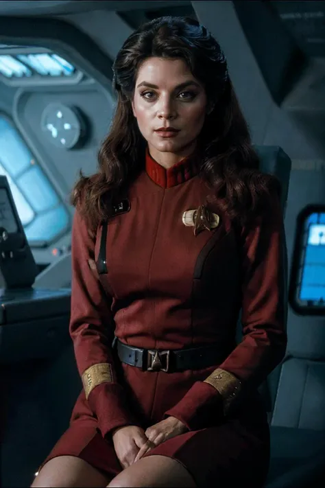 photorealistic photo of Krloal, a beautiful woman, stoic expression, wearing a red star trek uniform, sitting the captains chair on the bridge of a space ship, looking at the camera, realistic, (masterpiece:1.1), (best quality:1.1), beautiful, (intricate details), unity 8k wallpaper, ultra detailed, aesthetic, perfect lighting, <lora:Krloal_V1-000009:0.75>