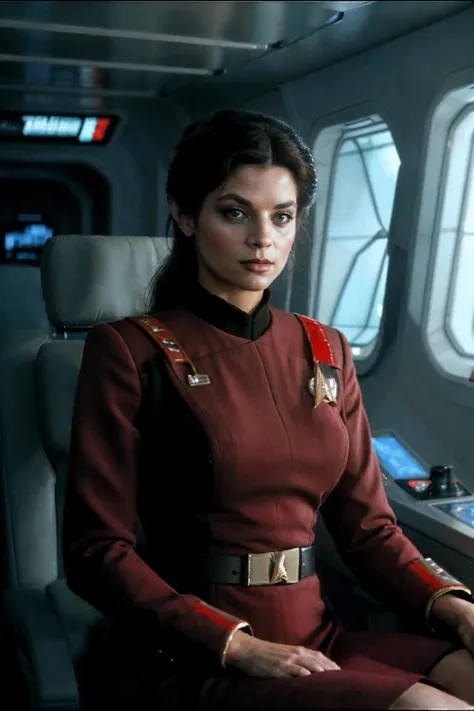 photorealistic photo of Krloal, a beautiful woman, stoic expression, wearing a red star trek uniform, sitting the captains chair on the bridge of a space ship, looking at the camera, realistic, (masterpiece:1.1), (best quality:1.1), beautiful, (intricate details), unity 8k wallpaper, ultra detailed, aesthetic, perfect lighting, <lora:Krloal_V1-000009:0.75>