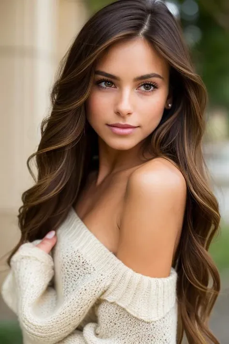(masterpiece), (best quality), (ultra intricate), (sharp focus), (soft cinematic lighting), (extremely detailed), 1girl, solo, long_hair, brown_hair, serene expression, brown_eyes, cozy knit sweater with patterns, upper_body, off shoulder, soft blurry background, subtle lips, slightly messy hair, photorealistic, luxurious color tones, romantic atmosphere