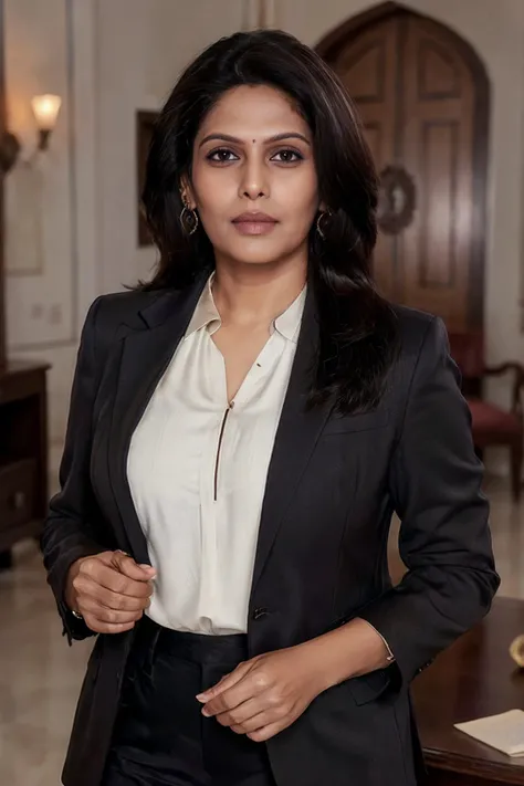 studio glamour photoshoot, (full body shot:1.0), photorealistic photo of piuymilf, a mature indian woman, fine lines and wrinkles, wearing a blouse and blazer jacket, looking at the camera, realistic, (masterpiece:1.1), (best quality:1.1), beautiful, (intricate details), unity 8k wallpaper, ultra detailed, aesthetic, perfect lighting, <lora:piuymilf_V1-000012:0.9>