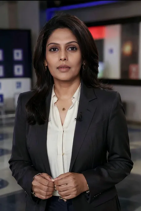 photorealistic photo of piuymilf, a mature indian woman, fine lines and wrinkles, wearing a blouse and blazer jacket, newscaster on TV news show, looking at the camera, realistic, (masterpiece:1.1), (best quality:1.1), beautiful, (intricate details), unity 8k wallpaper, ultra detailed, aesthetic, perfect lighting, <lora:piuymilf_V1-000012:0.9>
