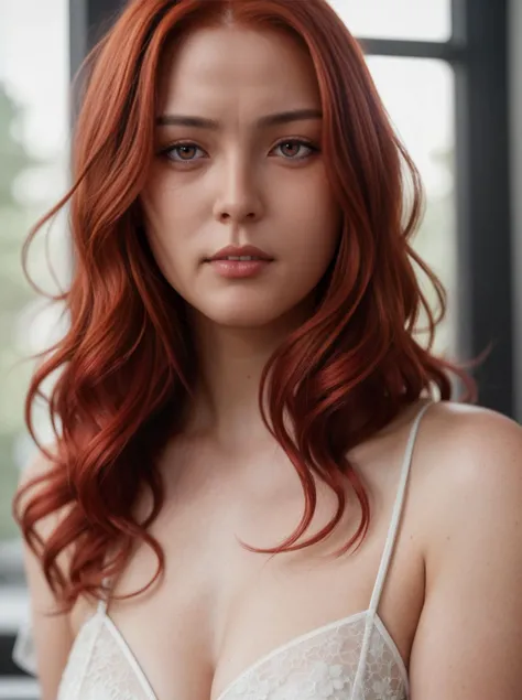 RAW photo, portrait woman ,red hair,16k uhd, dslr, soft lighting, high quality,fron view,perfect hand, ultra detailed, Fujifil XT3 , 80mm f1,2, Masterpiece,photo-realistic, hyperrealism,, HDR, highly detailed, cinematic photo Hyper,realistic hair