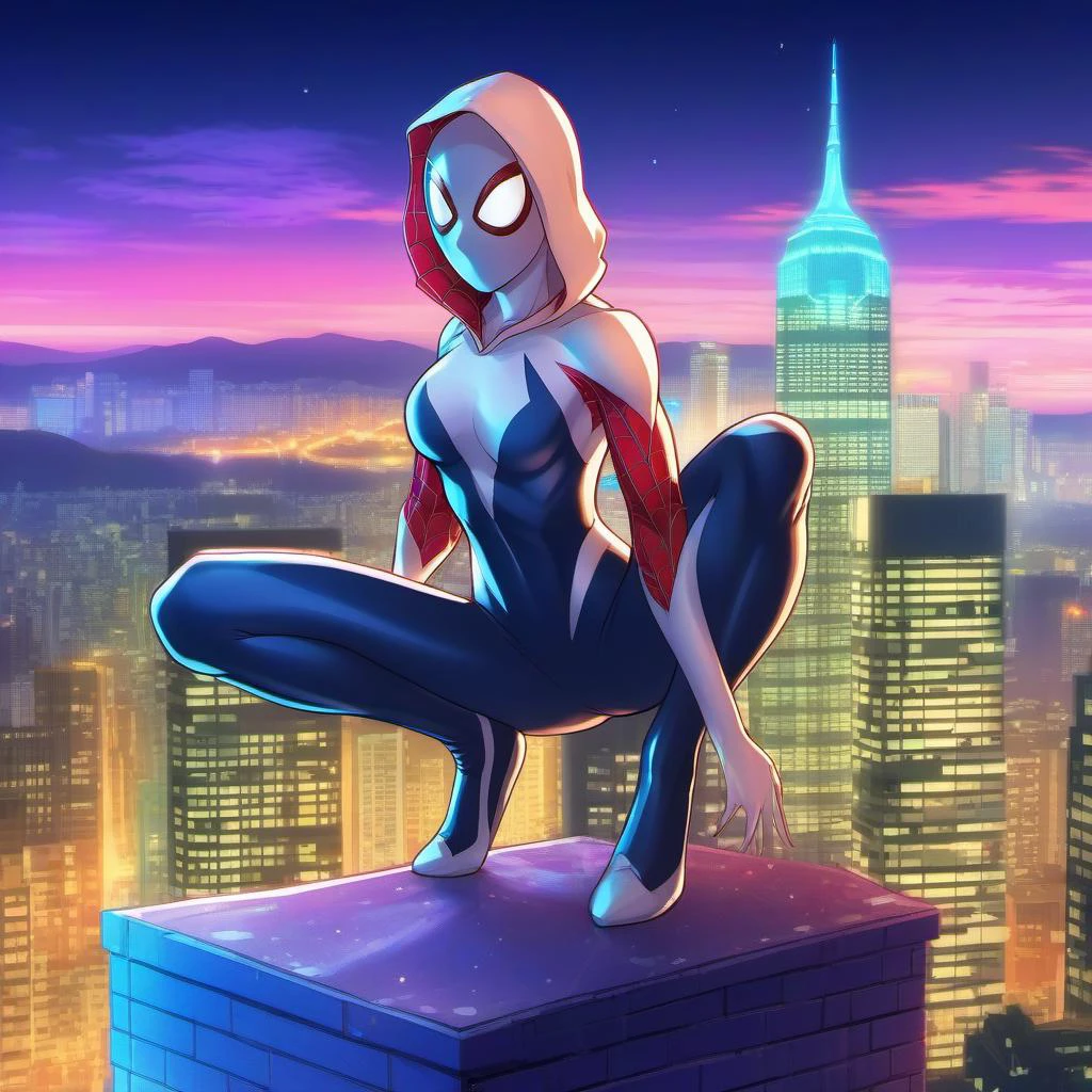 anime artwork a full body woman wears a hooded bodysuit on top of a building, night, spiderman mask lookalike, city lights background <lora:SpiderGwen1024:0.8> . anime style, key visual, vibrant, studio anime, highly detailed