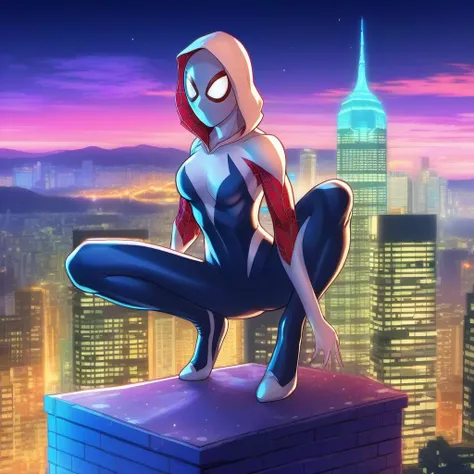 anime artwork a full body woman wears a hooded bodysuit on top of a building, night, spiderman mask lookalike, city lights background  <lora:SpiderGwen1024:0.8> . anime style, key visual, vibrant, studio anime,  highly detailed