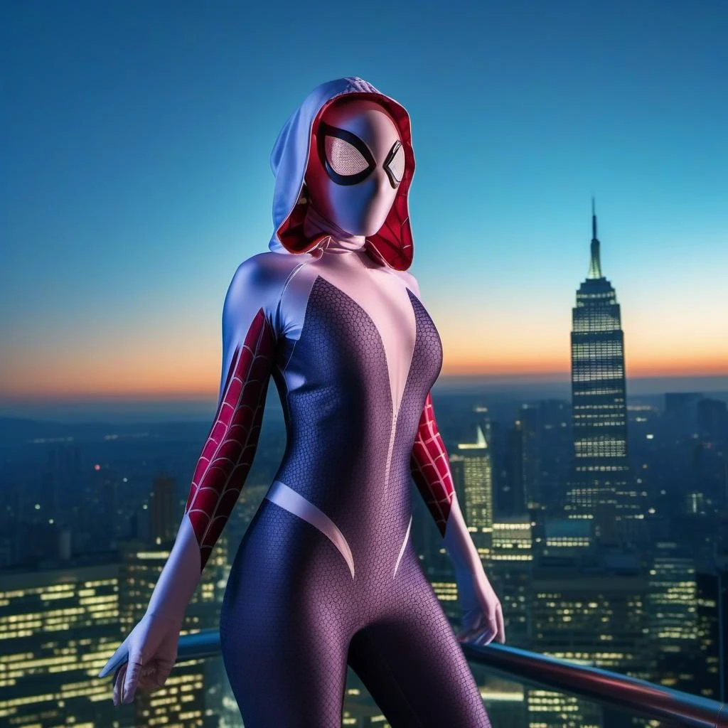 cinematic photo a woman wears a bodysuit on top of a building, night, spiderman mask lookalike, city lights background <lora:SpiderGwen1024:0.8> . 35mm photograph, film, bokeh, professional, 4k, highly detailed