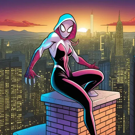 comic  a full body woman, wears a bodysuit, a spiderman mask lookalike, on top of a building, night, city lights background  <lora:SpiderGwen1024:0.9>  . graphic illustration, comic art, graphic novel art, vibrant, highly detailed