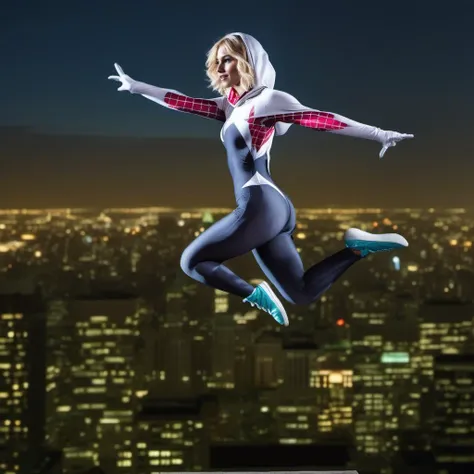 cinematic photo a full body blond woman, wears a hooded bodysuit, jumping, night, city lights background <lora:SpiderGwen1024:0.9> . 35mm photograph, film, bokeh, professional, 4k, highly detailed