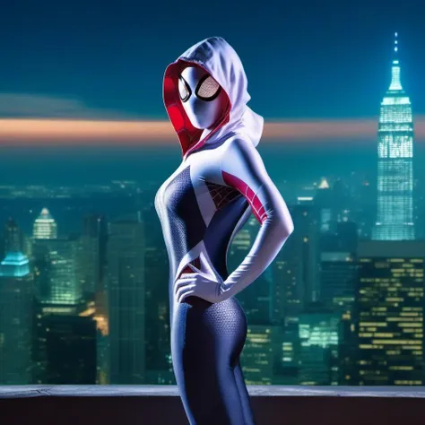 cinematic photo a full body woman wears a hooded bodysuit on top of a building, night, spiderman mask lookalike, city lights background  <lora:SpiderGwen1024:0.8> . 35mm photograph, film, bokeh, professional, 4k, highly detailed