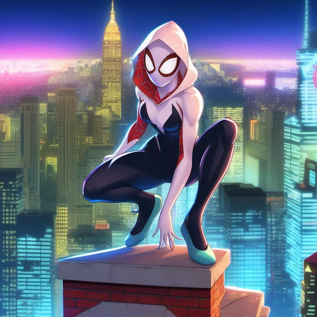 anime artwork a full body woman wears a hooded bodysuit on top of a building, night, spiderman mask lookalike, city lights background <lora:SpiderGwen1024:0.8> . anime style, key visual, vibrant, studio anime, highly detailed