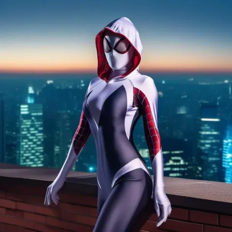 cinematic photo a full body woman wears a hooded bodysuit on top of a building, night, spiderman mask lookalike, city lights background <lora:SpiderGwen1024:0.8> . 35mm photograph, film, bokeh, professional, 4k, highly detailed
