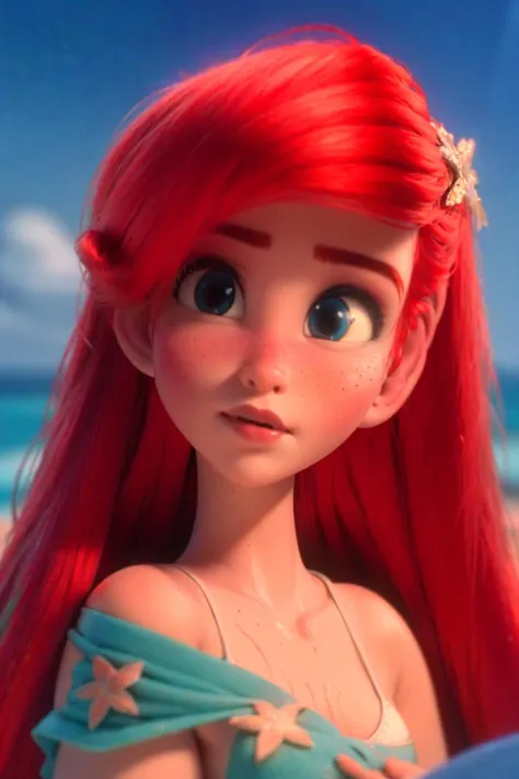 portrait, upperbody, looking at viewer, looking at camera, straight on, close up,
arielodd, 1girl, red hair, long hair, freckles, wet, wet body,
bikini, white bikini, floral skirt, exposed navel.
outside, poolside, warm volumetric lighting, realistic, blurred background
<lora:ariel-v2-04:0.8>