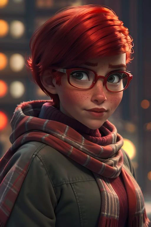 portrait, upperbody, looking at viewer, looking at camera, straight on, close up,
arielodd, 1girl, red hair, short hair, glasses, freckles,
felt wintercoat, plaid scarf, turtleneck 
outside, busting city, crowds, bustling crowds, multiple people, warm volumetric lighting, realistic, blurred background
<lora:Ariel_ODD_v1:0.75>