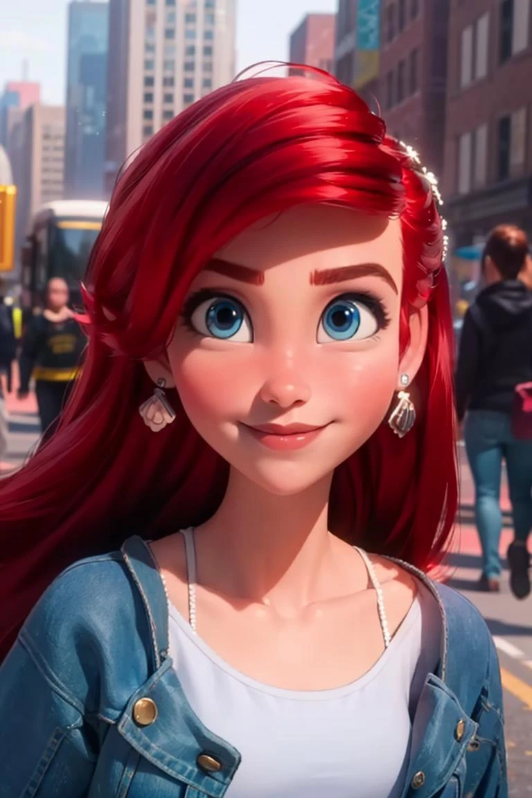 modelshoot style, looking at viewer, portrait, facial focus, slight smile,
arielodd, 1girl, lips, red hair, blue eyes, jean jacket, white shirt, jewerly,
outside, busting city, crowds, depth of field,
<lora:Ariel_V3-04:0.75>