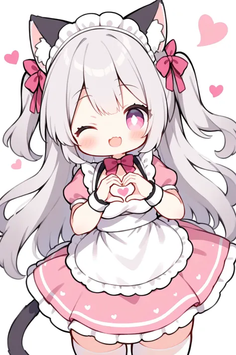 1girl, solo, long hair, breasts, looking at viewer, blush, bangs, simple background, thighhighs, white background, dress, bow, animal ears, very long hair, tail, short sleeves, grey hair, heart, frills, one eye closed, puffy sleeves, cat ears, apron, white thighhighs, two side up, puffy short sleeves, cat tail, animal ear fluff, wrist cuffs, maid, maid headdress, frilled dress, cat girl, pink dress, white apron, frilled apron, heart hands, :d, cute_style