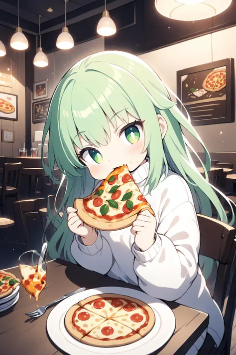 1girl, c.c., code geass, white shirt, long sleeves, turtleneck, sitting, looking at viewer, eating, pizza, plate, fork, knife, table, chair, table, restaurant, cinematic angle, cinematic lighting, masterpiece, best quality