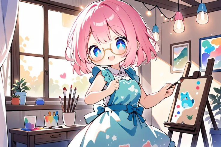 1girl, solo, painting, cute style, watercolor method, short pink hair, bob cut, round glasses, art palette with pastel colors, paintbrush with a ribbon, canvas with adorable animals, joyful expression, blue eyes, sunlight filtering through, cute apron with animal prints, wooden easel with heart-shaped details, art studio with whimsical decorations, hanging fairy lights, colorful paint splatters, artistic inspiration, small potted plants on the windowsill, creative and charming ambiance, dynamic 