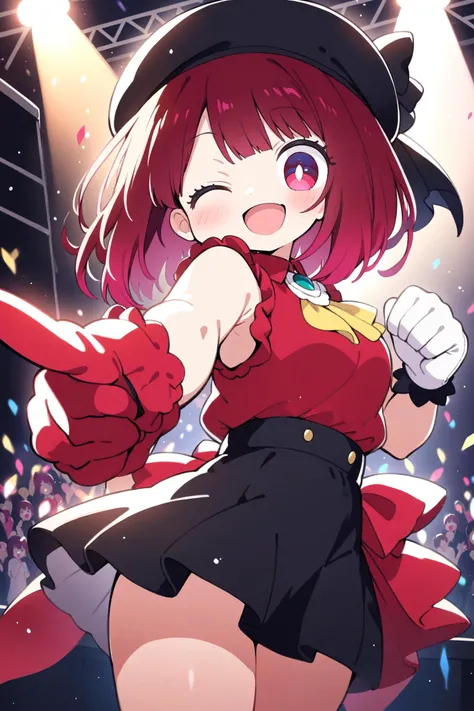 1girl, arima kana, oshi no ko, solo, idol, idol clothes, one eye closed, red shirt, black skirt, black headwear, gloves, stage light, singing, open mouth, crowd, smile, pointing at viewer, masterpiece, best quality