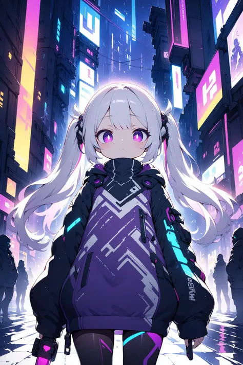 masterpiece, best quality, illustration, beautiful detailed eyes,colorful background,mechanical prosthesis,mecha coverage,emerging dark purple across with white hair,pig tails,disheveled hair,fluorescent purple,cool movement,rose red eyes,beatiful detailed cyberpunk city,multicolored hair,beautiful detailed glow,1 girl, expressionless,cold expression,insanity, long bangs,long hair, lace,dynamic composition, motion, ultra - detailed, incredibly detailed, a lot of details, amazing fine details and brush strokes, smooth, hd semirealistic anime cg concept art digital painting