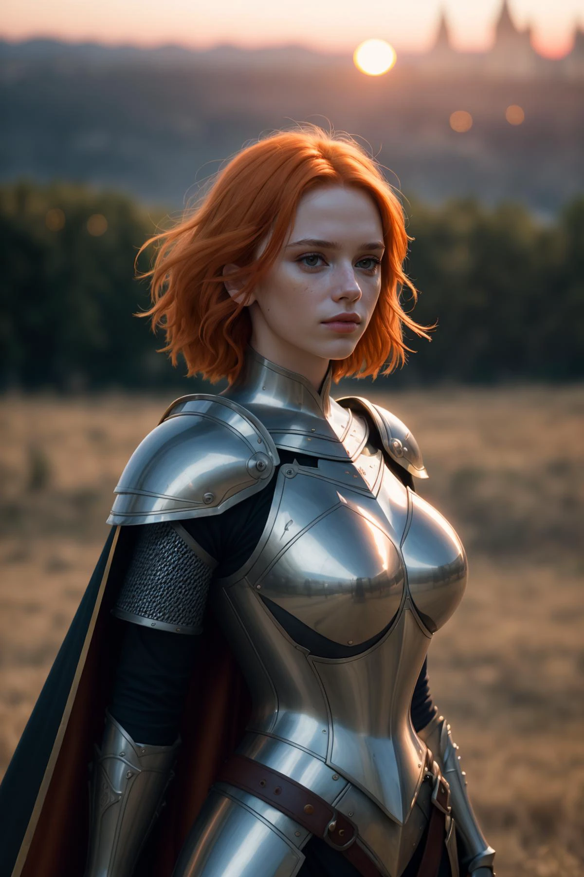 (masterpiece), (extremely intricate:1.3), (realistic), portrait of a girl, the most beautiful in the world, (medieval armor), metal reflections, long waving cape, upper body, orange hair, short hair, outdoors, intense sunlight, far away castle, professional photograph of a stunning woman detailed, sharp focus, dramatic, award winning, cinematic lighting, octane render unreal engine, volumetrics dtx, (film grain, blurry background, blurry foreground, bokeh, depth of field, sunset, motion blur:1.3), chainmail, <lora:colorize:0.7> , <lora:bursting_breasts:1>