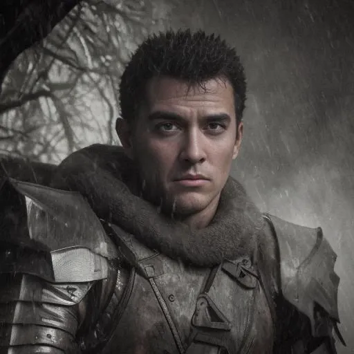 <lora:gutsBerserkCharacter_guts08:0.7>, ((photo)),((cosplay)), Guts, in dark forrest, armor, rain, castle in background, detailed, fantastical, fantasy, close up